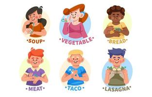 Collection of Characters Demonstrating ASL Language About Food vector