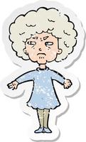 retro distressed sticker of a cartoon bitter old woman vector