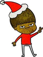 annoyed textured cartoon of a boy wearing santa hat vector