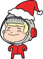 happy line drawing of a astronaut wearing santa hat vector