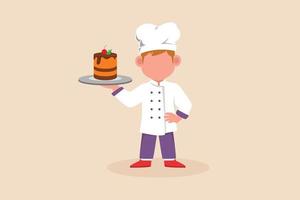 Happy cute boy chef dressed in uniform holding plate with piece of cake. Cooking concept. Vector illustration.