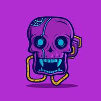 Halloween robot skull in neon cyberpunk style vector design.