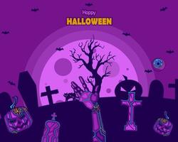 diseño de papel tapiz de fondo feliz halloween en estilo cyberpunk púrpura neón. vector