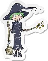 retro distressed sticker of a cartoon witch casting spell vector