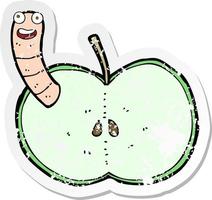 retro distressed sticker of a cartoon apple with worm vector