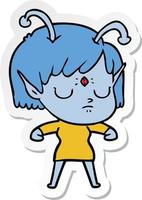 sticker of a cartoon alien girl vector