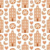 Gingerbread Christmas seamless pattern house cookies isolated on white vector illustration