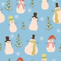 Seamless pattern with snowmen, fir trees and snowflakes. Vector graphics.