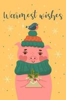 Postcard with a cute Christmas pig. Vector graphics.