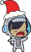 line drawing of a talking astronaut woman wearing santa hat vector