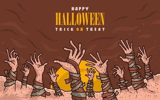 Halloween background with zombie and mummy scary hands cartoon illustration vector