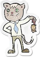 retro distressed sticker of a cartoon business cat with dead mouse vector