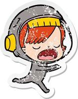 distressed sticker of a cartoon astronaut woman running vector