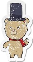 retro distressed sticker of a cartoon bear in hat vector
