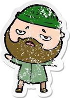 distressed sticker of a cartoon worried man with beard vector