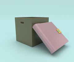 book with a bookmark and cardboard open box. 3d rendering illustration on Jagged Ice background. photo