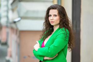 Street photo of a white European girl with a beautiful face.