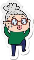 sticker of a cartoon tired woman wearing spectacles vector