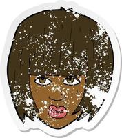 retro distressed sticker of a cartoon annoyed girl with big hair vector