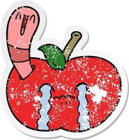 distressed sticker of a cartoon worm eating an apple vector