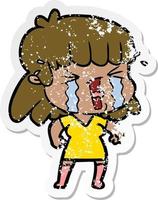 distressed sticker of a cartoon woman in tears vector