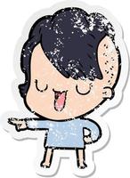 distressed sticker of a cute cartoon girl with hipster haircut vector