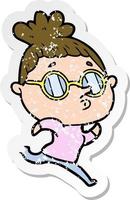 distressed sticker of a cartoon woman wearing glasses vector