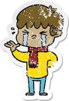 distressed sticker of a cartoon boy crying vector