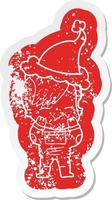 cartoon distressed sticker of a girl wearing futuristic clothes wearing santa hat vector