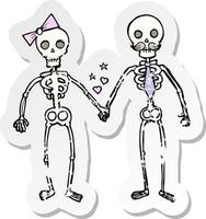 retro distressed sticker of a cartoon skeletons in love vector