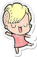 distressed sticker of a cute cartoon girl with hipster haircut vector