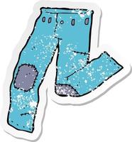 retro distressed sticker of a cartoon patched old jeans vector