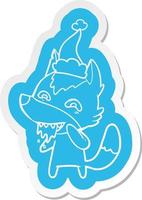 cartoon  sticker of a hungry wolf wearing santa hat vector