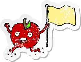 retro distressed sticker of a cartoon funny apple with flag vector