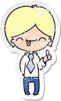 distressed sticker cartoon of boy with thumb up vector