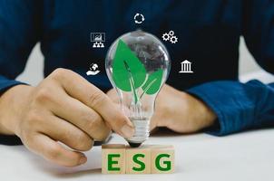 El comportamiento ESG ambiental, social y de gobernanza es utilizado por inversores socialmente preocupados para considerar inversiones potenciales. Desarrollo de ideas de innovación empresarial bloque de cubo de madera. foto