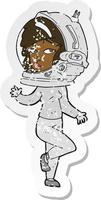 pegatina retro angustiada de una mujer caricaturista con casco espacial vector