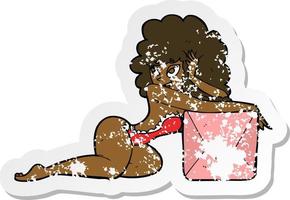 retro distressed sticker of a cartoon pin up woman with box vector