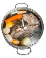 simmer of beef broth in steel pan photo