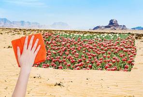 la mano elimina el desierto con tela naranja foto