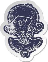 distressed old sticker of a cute singing kawaii girl vector