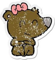 distressed sticker of a female bear cartoon vector