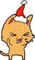 ilustración de estilo cómic de un gato silbando con sombrero de santa vector