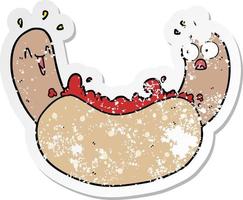 distressed sticker of a cartoon hotdog vector