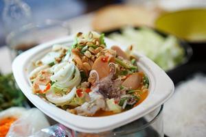 Cooking Thai traditional food called Yam Woon Sen Glass Noodle,Pork,Nut Spicy Salad, Mung Bean Noodle Spicy Salad. photo