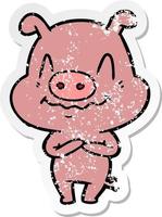 distressed sticker of a nervous cartoon pig vector