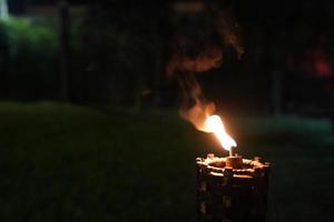 cierra la antorcha y el fuego en el jardín nocturno. foto