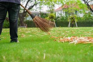 Worker sweeps dry leafs in garden. photo