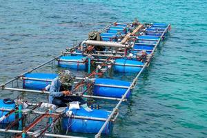 Workers settle and setup the waterworks fountain machine on the surface of the sea. photo