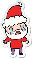 sticker cartoon of a bearded man crying wearing santa hat vector